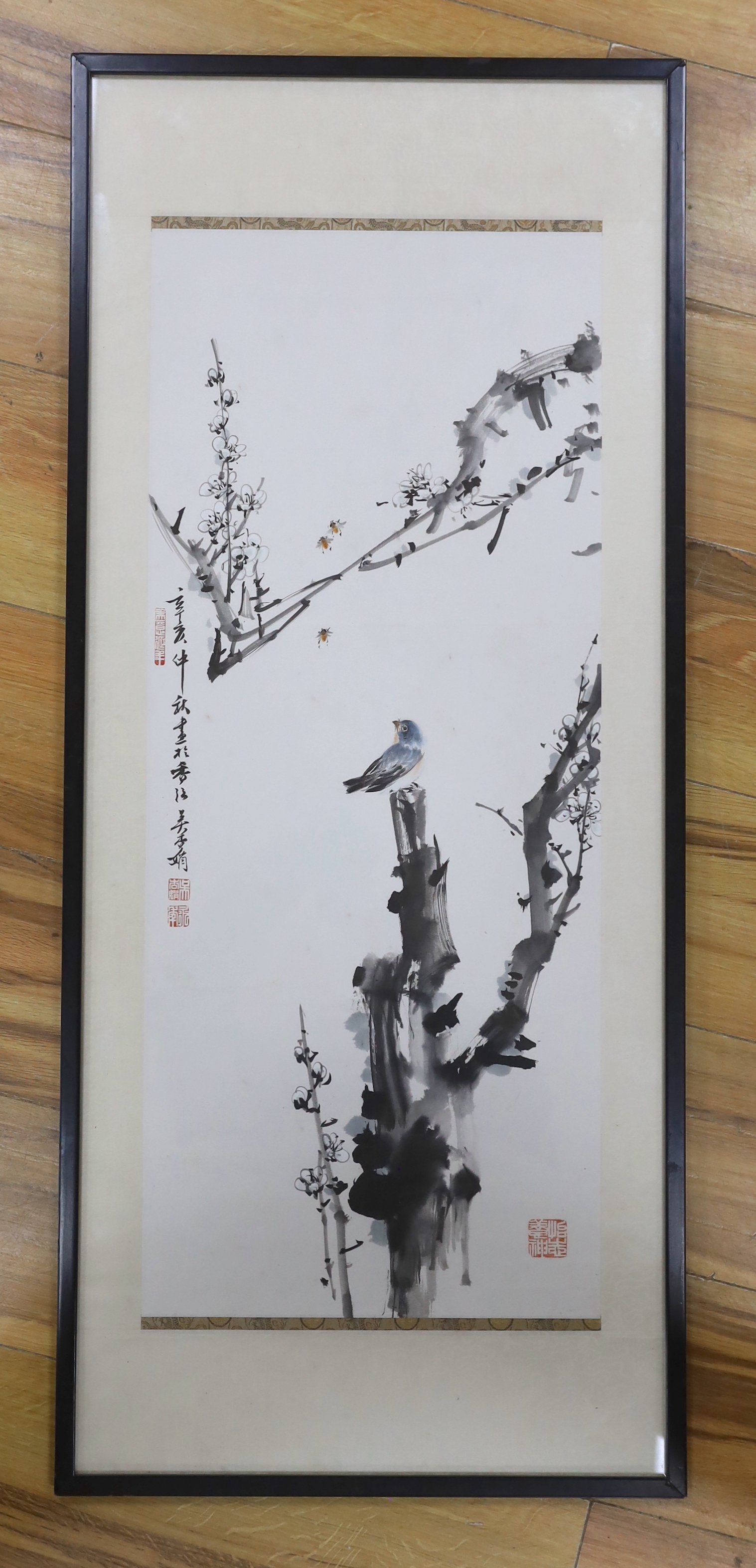 Chinese School, watercolour, Birds and insects amongst flowers, 74 x 29cm